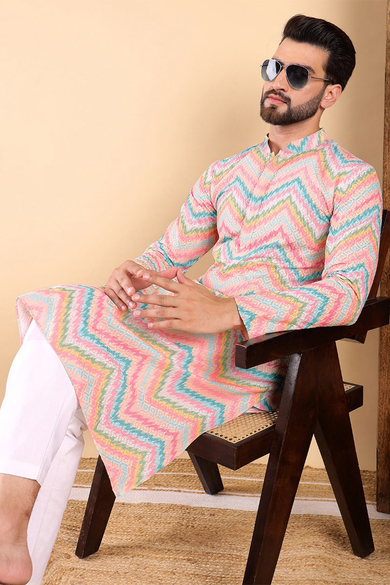 teal viscose rayon chevron embroidered straight kurta for men