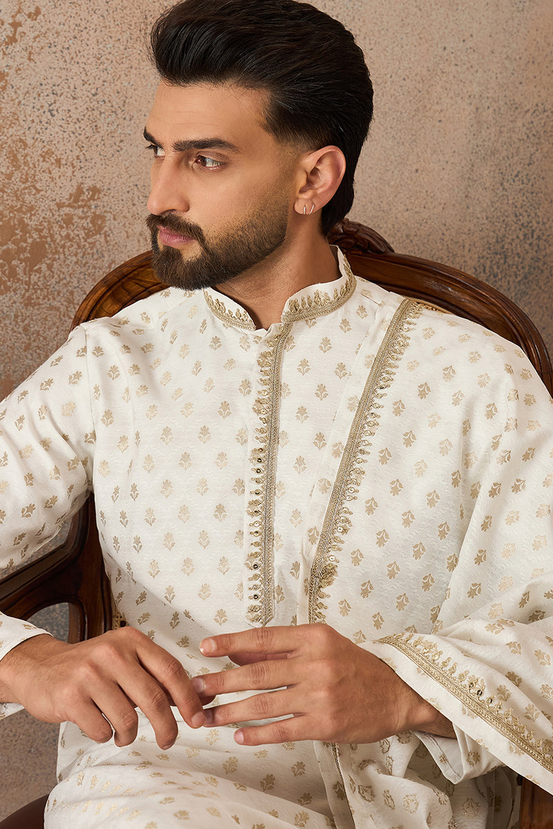 Men White Jacquard Woven Design Floral Straight Kurta Sets MKPD1049