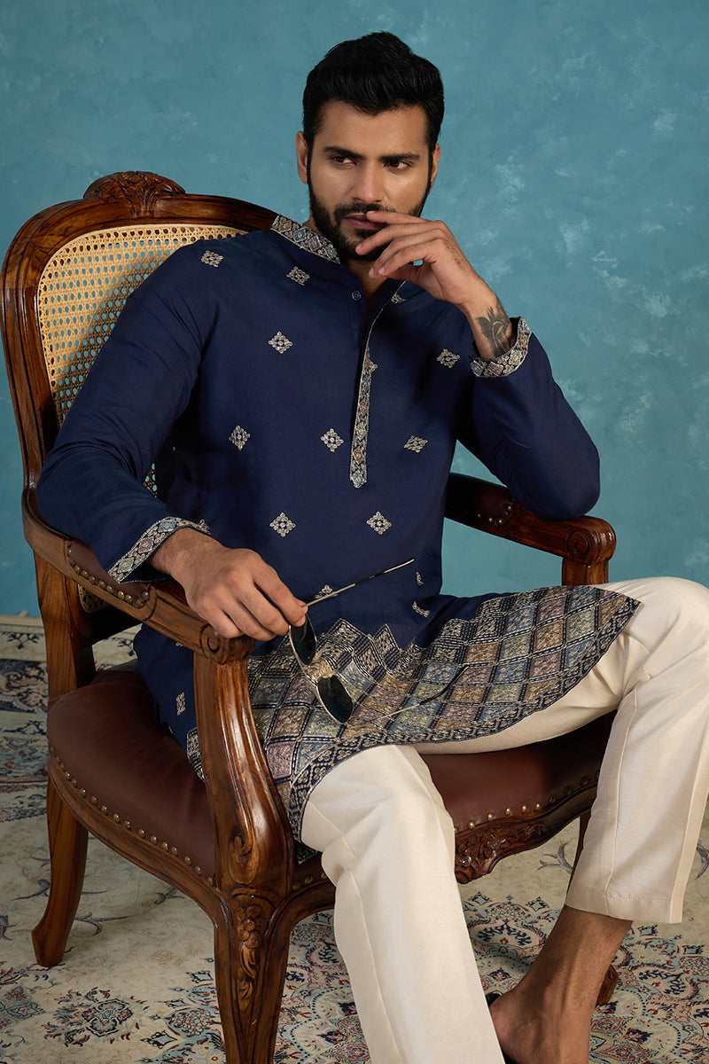 Silk Blend Blue Solid Embroidered Calf Length Straight Kurta With Trousers MKSET2099