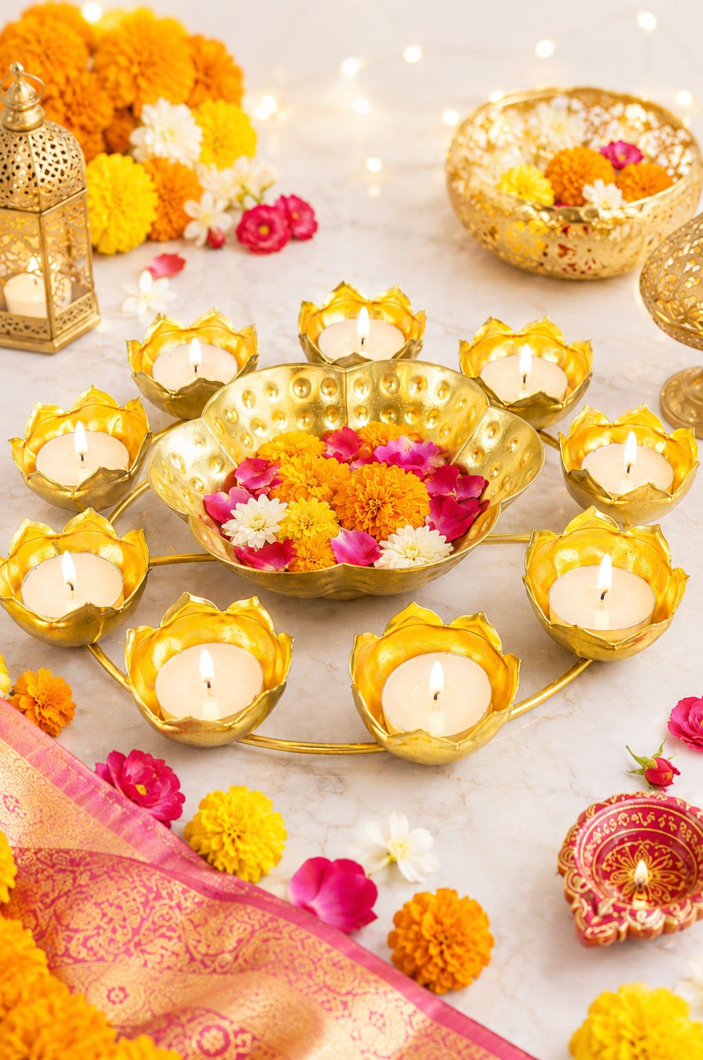 premium lotus urli bowl with 8 tea light holders hammered metal decorative floating flower bowl gold finish centerpiece for diwali pooja weddings festivals home decor gifting