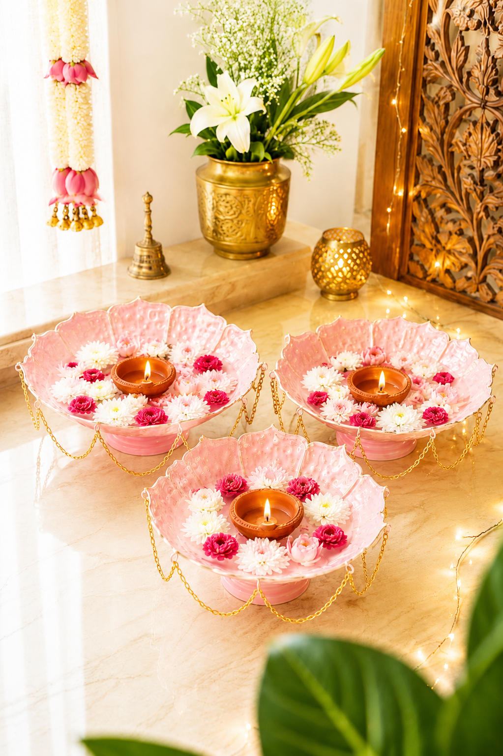 premium pink lotus urli bowl set of 3 with decorative chain handcrafted metal floating flower bowls for water candles tea lights decorative urli for diwali wedding pooja home decor