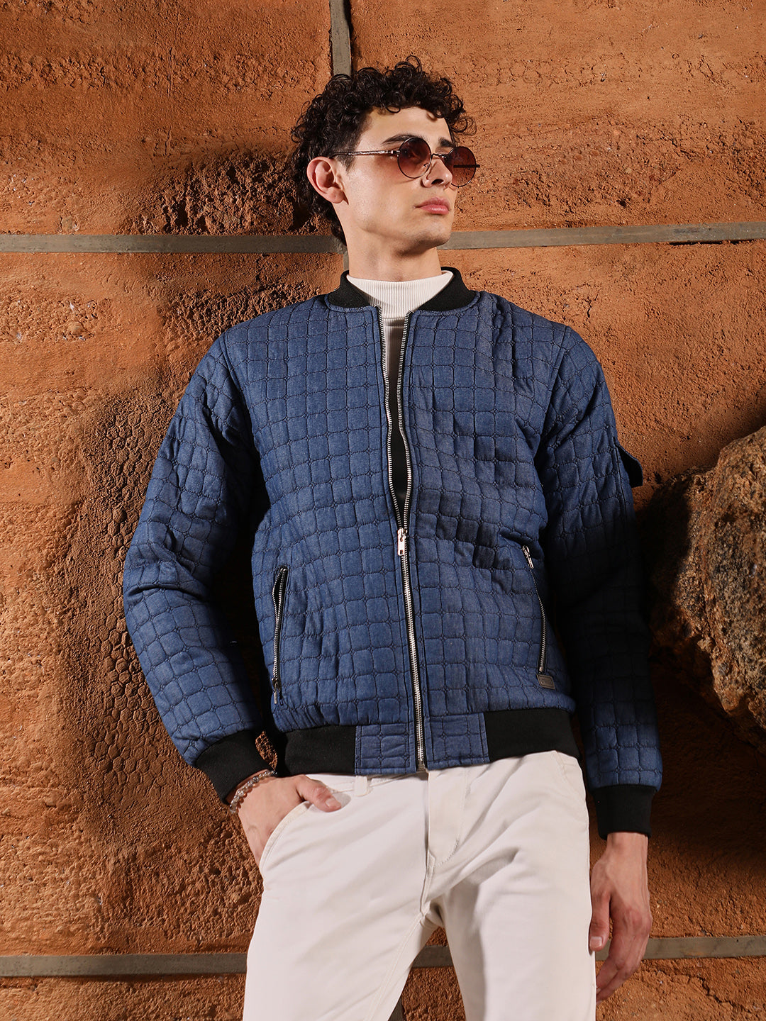Mens Indigo Blue Cubic Quilted Bomber Jacket