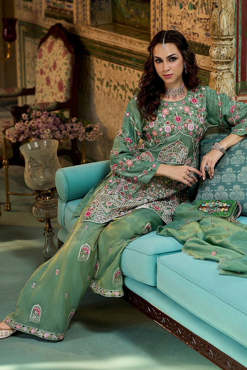 green solid embroidered straight kurta palaazo with dupatta pkskd3004