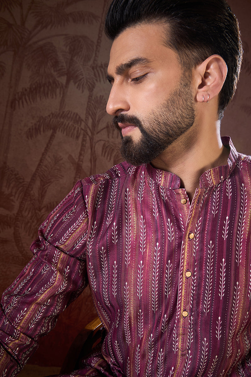 Purple Silk Blend Striped Printed Straight Kurta With Trouser MKSET1905