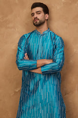 blue silk blend geometric printed straight kurta