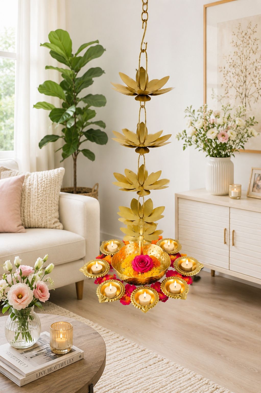 premium hanging lotus urli with 9 diya holders decorative metal hanging urli for floating flowers candles water decor traditional hanging diya urli for diwali pooja wedding home decoration