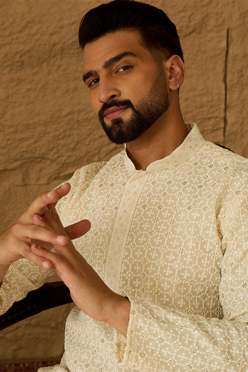 off white cotton solid printed straight kurta with trouser