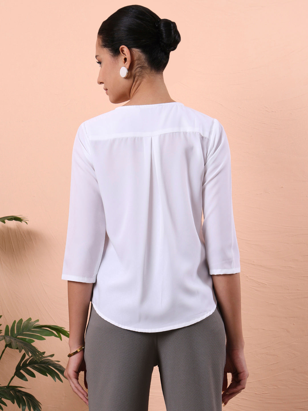 women smart mandarin collar solid polyester shirt
