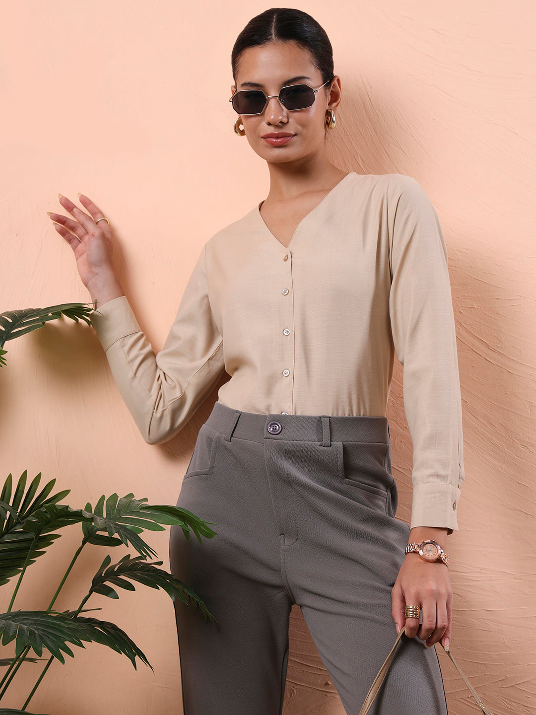 smart opaque v neck formal shirt