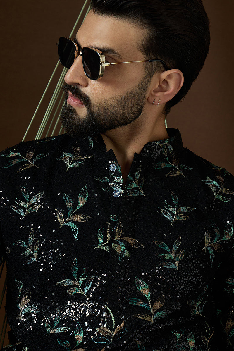 Black Silk Blend Solid Embroidered Straight Kurta Sets MKSET1876
