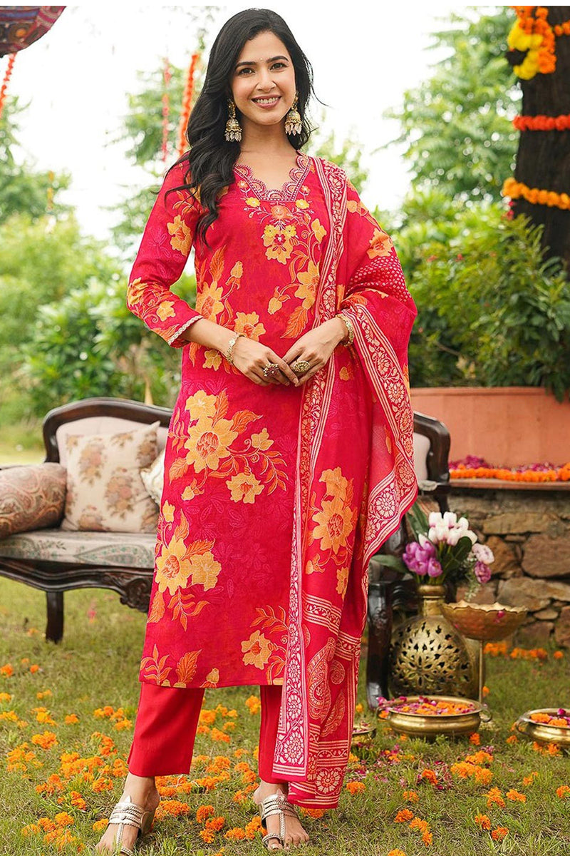 red viscose rayon floral embroidered straight kurta trousers with dupatta 