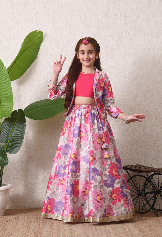 Indi Loom Couture Girls Pink Floral Printed Crop Top with Jacket & Flared Skirt Co Ord Set ILLCJ47