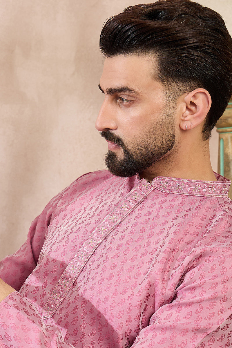 Pink Silk Blend Solid Woven Design Straight Kurta With Trouser MKSET1898