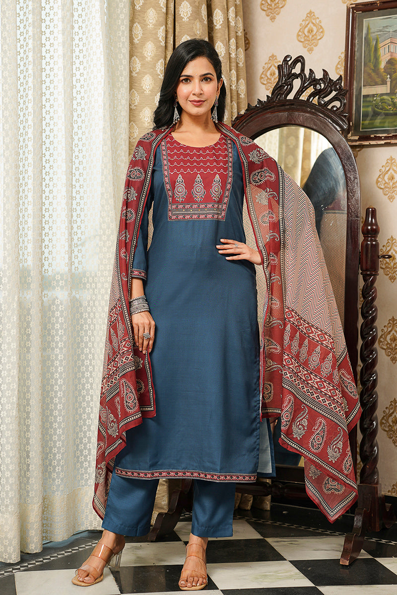 blue rayon blend ajrakh printed straight kurta trousers with dupatta