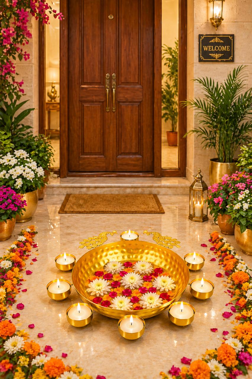premium peacock urli bowl with 8 tealight holders decorative metal floating flower urli for water candles tea lights traditional pooja bowl for diwali wedding home festive decoration