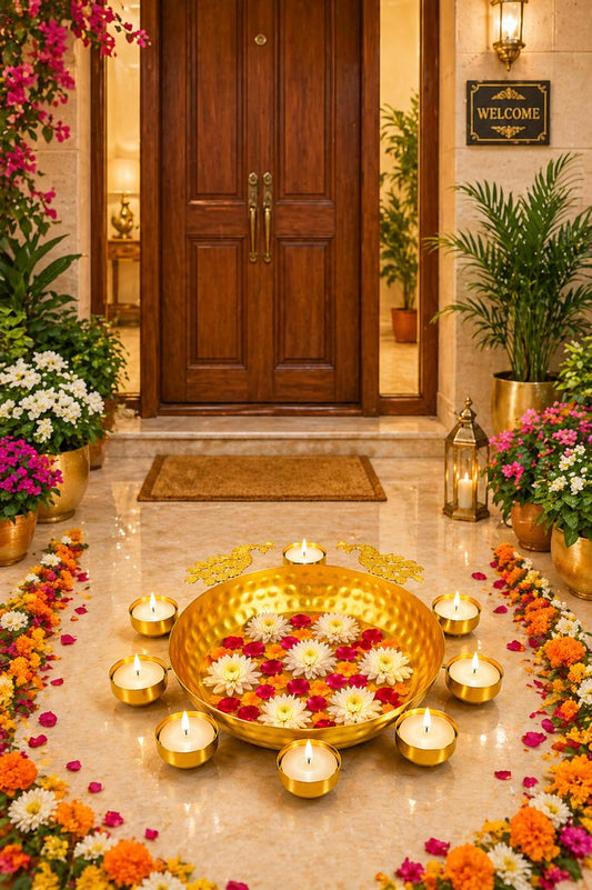 premium peacock urli bowl with 8 tealight holders decorative metal floating flower urli for water candles tea lights traditional pooja bowl for diwali wedding home festive decoration