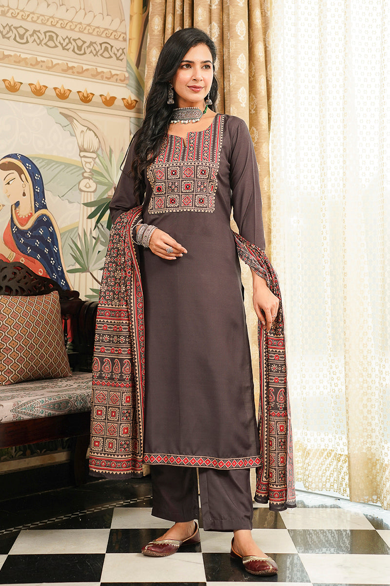 black rayon blend ajrakh printed straight kurta trousers with dupatta 
