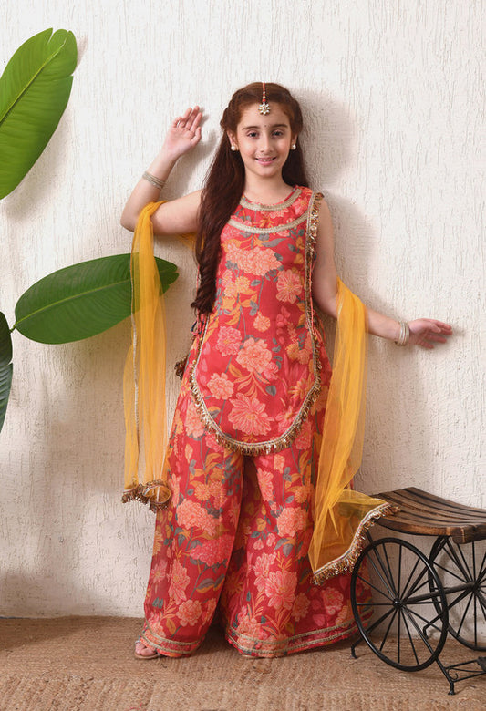 Indi Loom Couture Girls Multi Floral Printed Kurta with Sharara & Dupatta Set ILKSD73