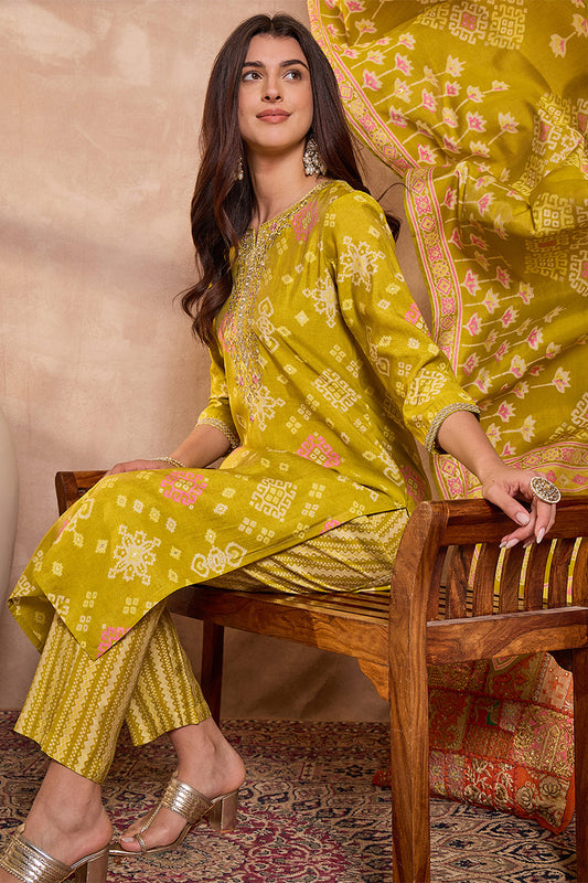 Silk Blend Ethnic Motifs Printed Yellow Kurta And Trousers With Dupatta