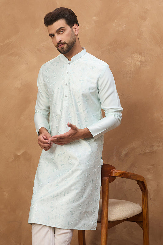 Blue Silk Blend Solid Embroidered Straight Kurta MKU1446