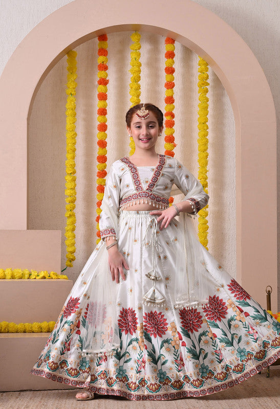 Indi Loom Couture Girls Off White Floral Printed Lehenga Choli with Net Dupatta ILLCD38