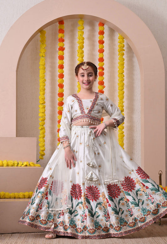 Indi Loom Couture Girls Off White Floral Printed Lehenga Choli with Net Dupatta ILLCD38