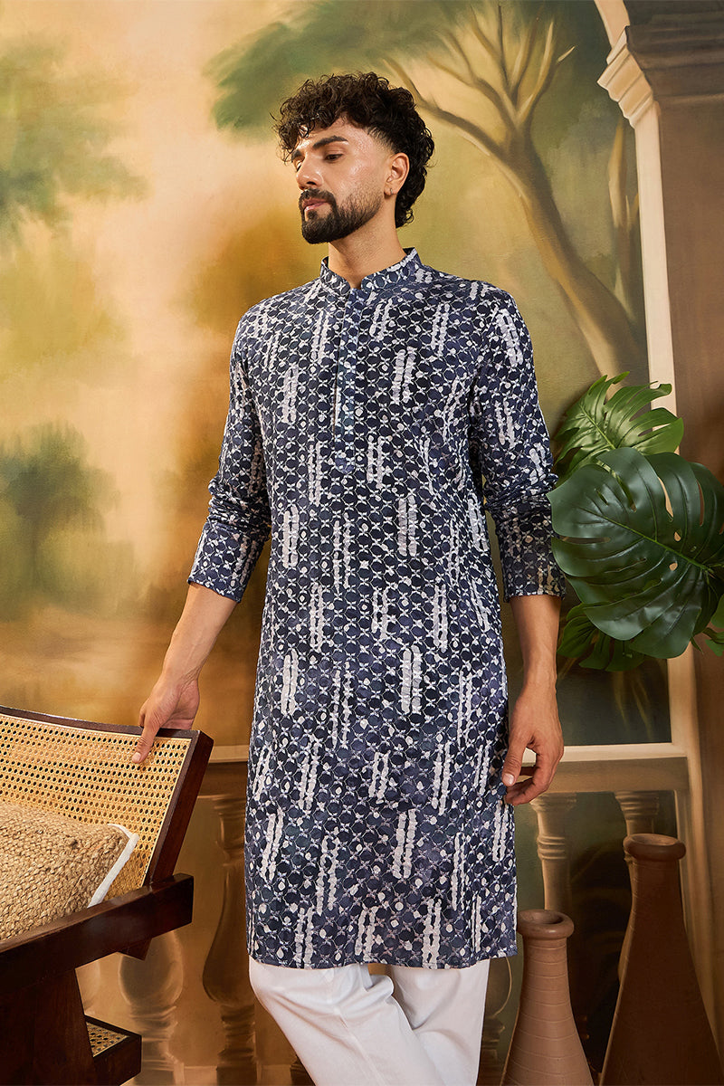 Blue Viscose Rayon Embroidered Straight Kurta