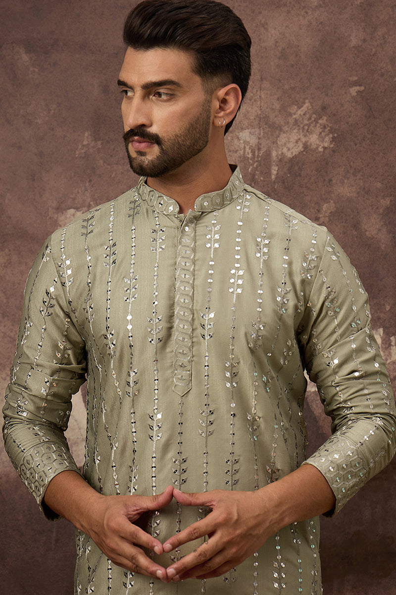 Green Silk Blend Solid Embroidered Straight Kurta With Pant Set MKSET1356