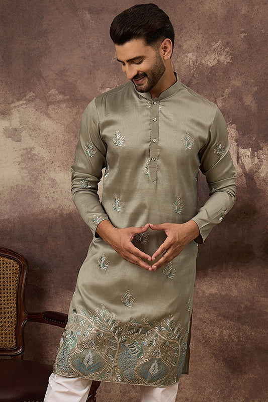 green silk blend solid embroidered straight kurta with trouser