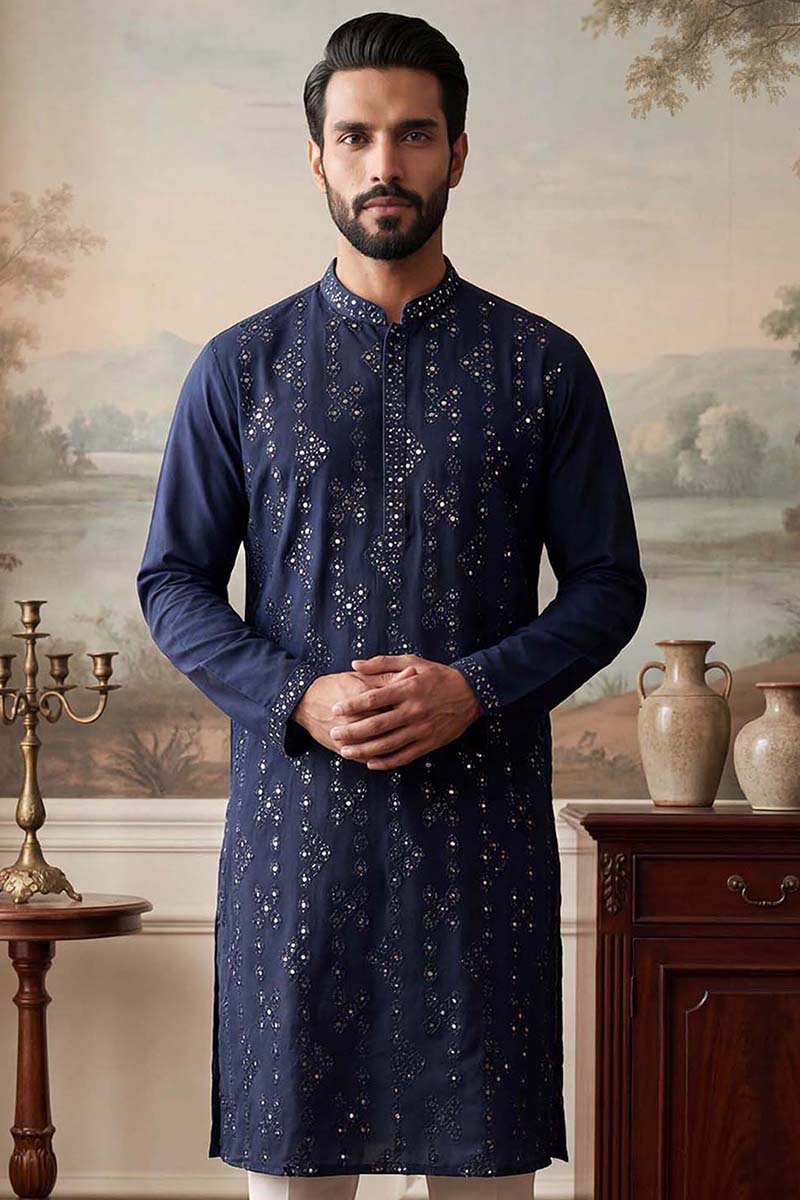 Mens Blue Silk Blend Solid Embroidered Kurta MKU2075