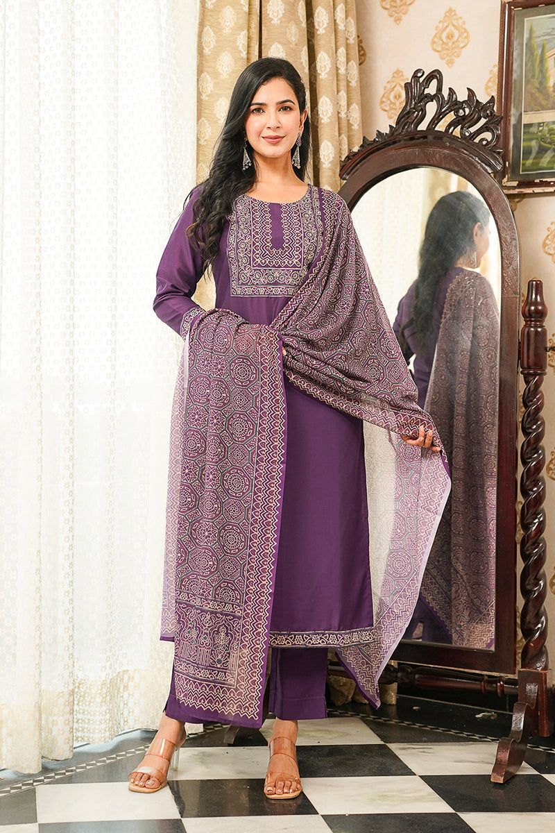 purple rayon blend ajrakh printed straight kurta trousers with dupatta 