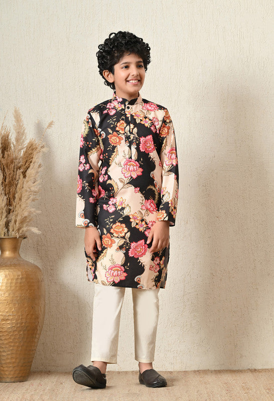 Indi Loom Couture Boys Black Floral Printed Kurta with Off White Pyjama Set ILBKS46