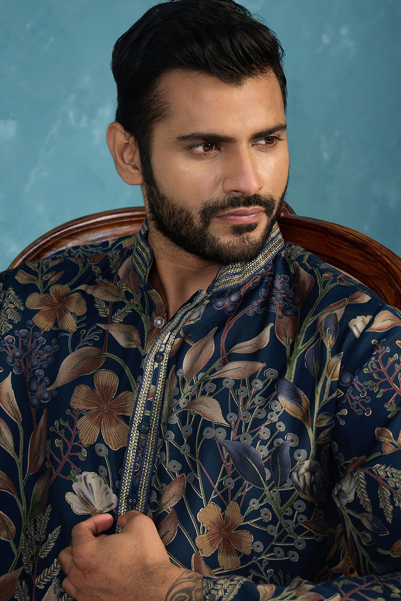 Mens Blue Modal Floral Printed Calf Length Straight Regular Kurta With Trouser MKSET1978