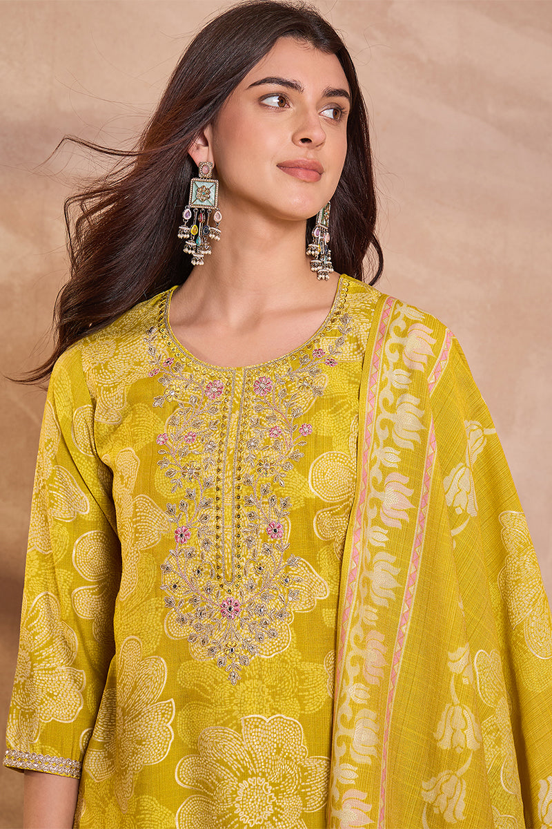 yellow floral printed straight kurta trouser with dupatta 