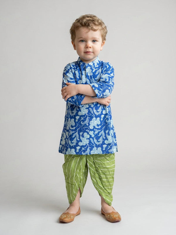 Boys Blue Floral Print Kurta with Green Dhoti Pants Set ILBKS59