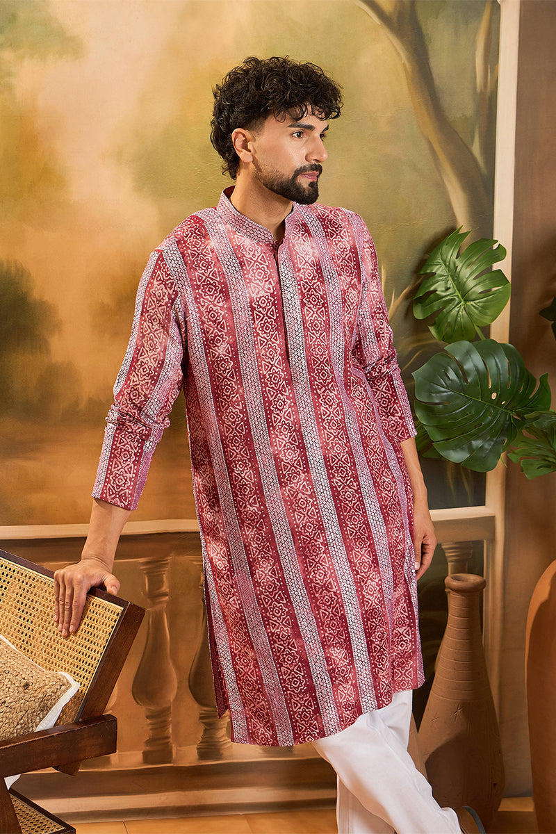 Red Viscose Rayon Batik Printed Straight Kurta