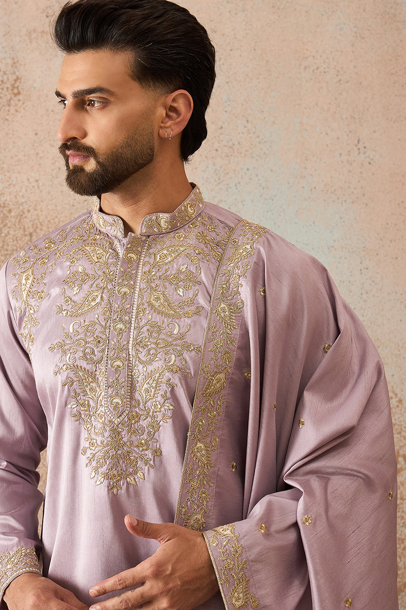 Men Lavender Zari Embroidered Silk Blend Kurta with Dupatta MKUD1047