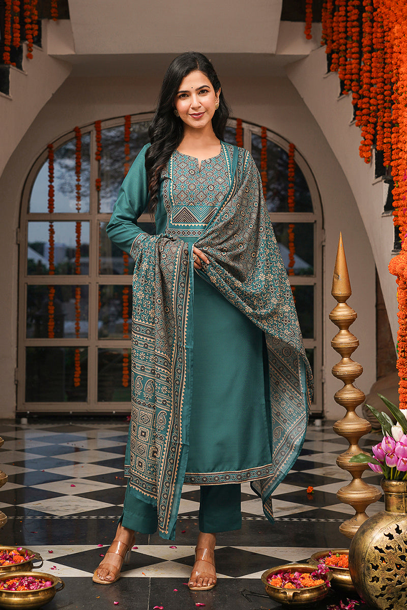 teal rayon blend ajrakh printed straight kurta trousers with dupatta pkskd3082
