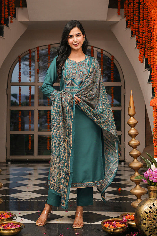 teal rayon blend ajrakh printed straight kurta trousers with dupatta pkskd3082