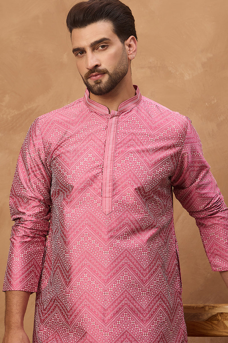 pink silk blend geometric printed straight kurta