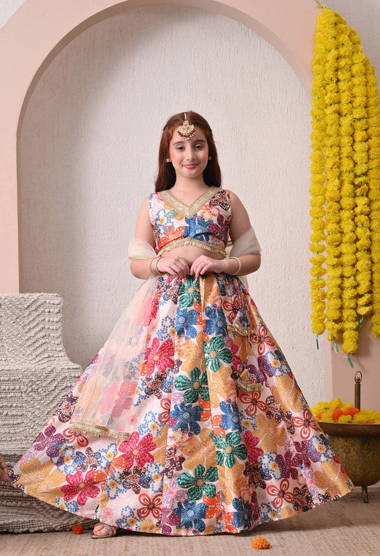 Indi Loom Couture Girls Cream Multi Floral Printed Lehenga Choli with Dupatta ILLCD33