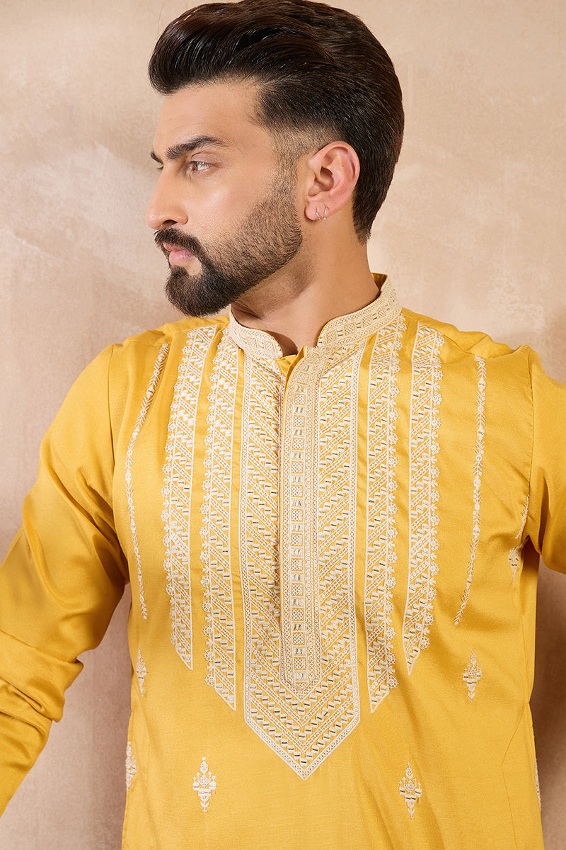 Yellow Silk Blend Geometric Embroidered Straight Kurta With Trouser MKSET1685