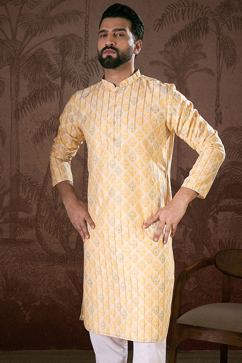 White Silk Blend Ethnic Motifs Printed Straight Kurta With Trouser MKSET1914