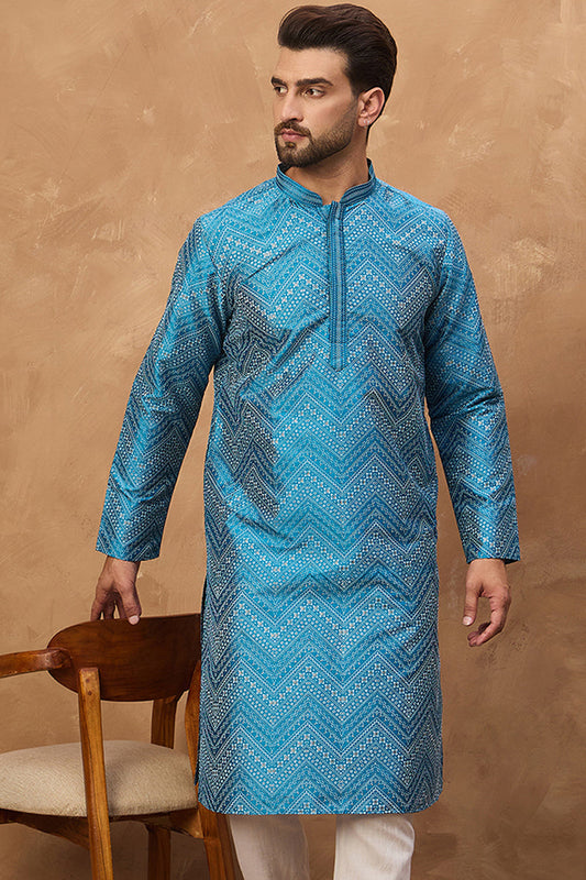 Blue Silk Blend Geometric Printed Straight Kurta With Pant Set MKSET1531