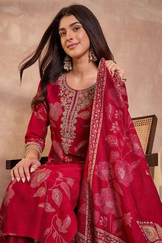 Pink Silk Blend Floral Printed Straight Kurta Trouser With Dupatta