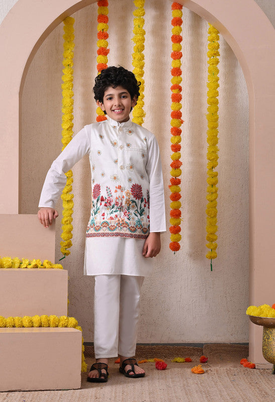 Indi Loom Couture Boys White Kurta Pyjama with Printed Jacket Set ILBKSJ27