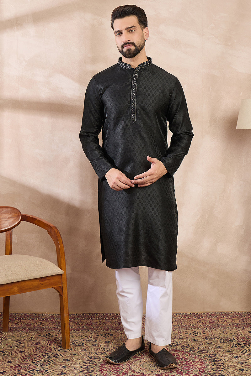 Black Silk Blend Solid Woven Design Straight Kurta MKU1854