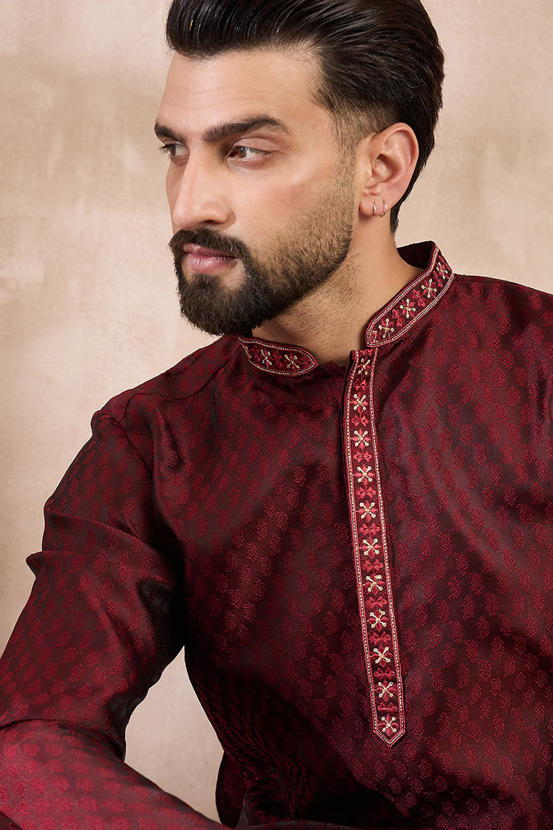 Maroon Silk Blend Solid Woven Design Straight Kurta With Trouser MKSET1896
