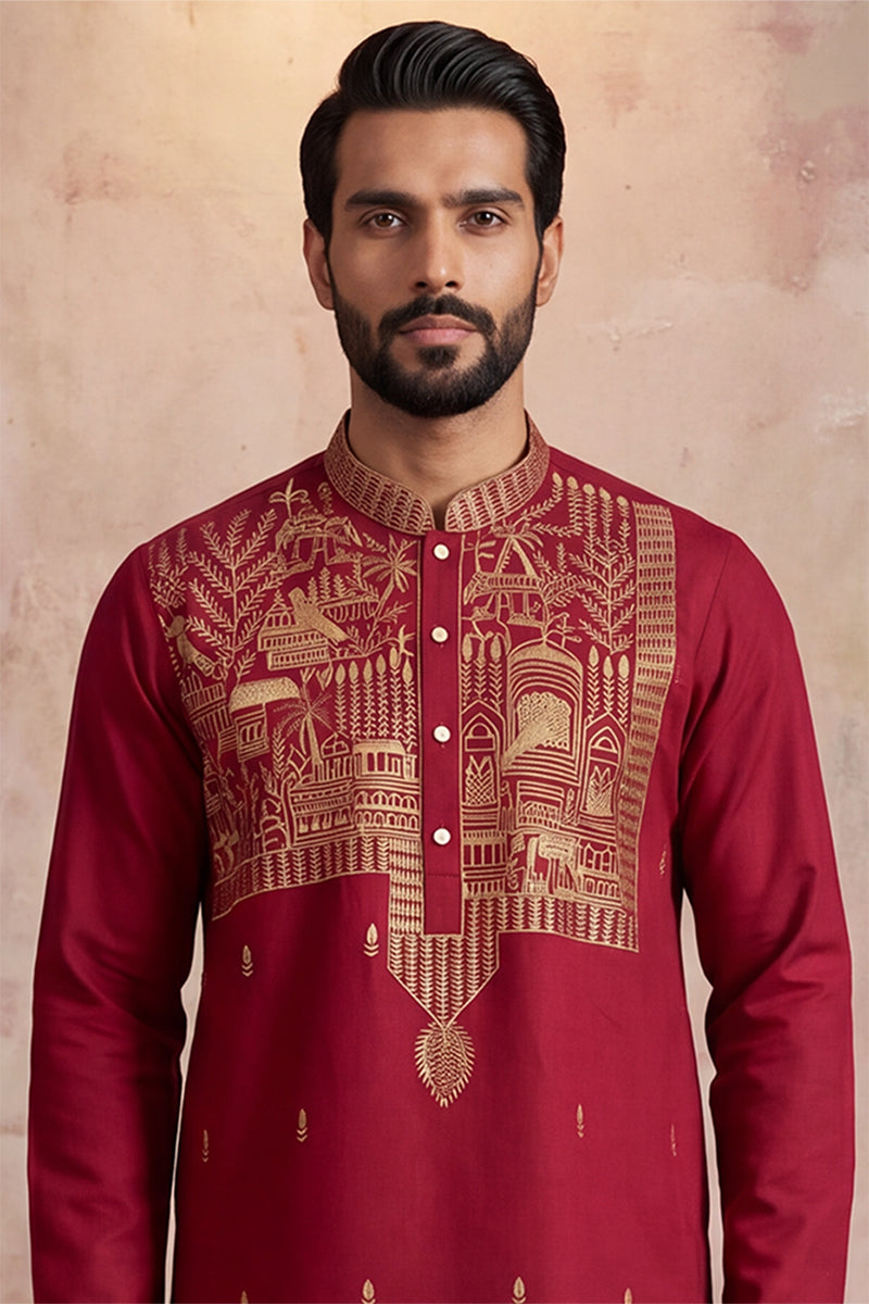 Mens Red Silk Blend Solid Emboidered Straight Kurta MKU2375