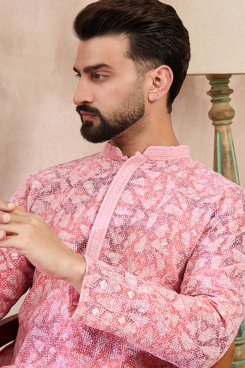 Pink Viscose Rayon Ethnic Motifs Embroidered Straight Kurta With Trouser MKSET1654
